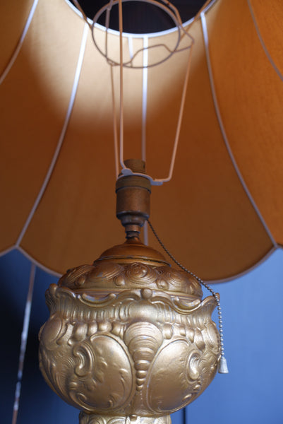 Tall Antique Cast Metal Gold Gilded Standard LAMP Table with Gold Shade