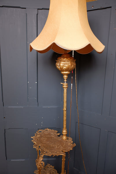 Tall Antique Cast Metal Gold Gilded Standard LAMP Table with Gold Shade