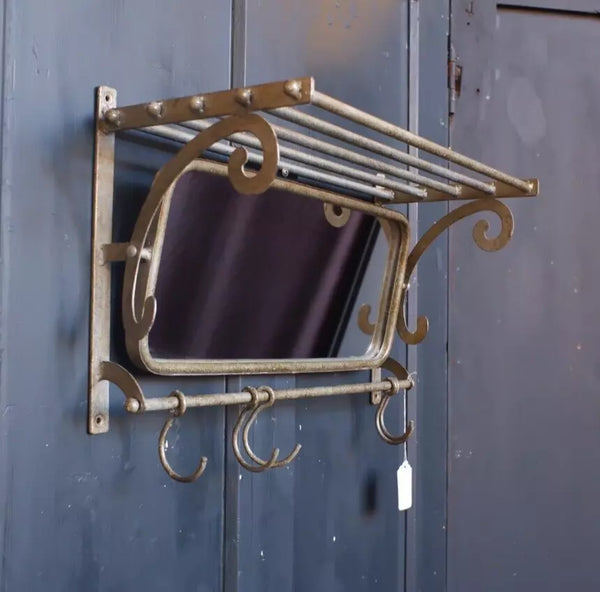 New Vintage Retro MIRROR Metal CARRIAGE Rustic Silver Industrial Shelf w/Hooks