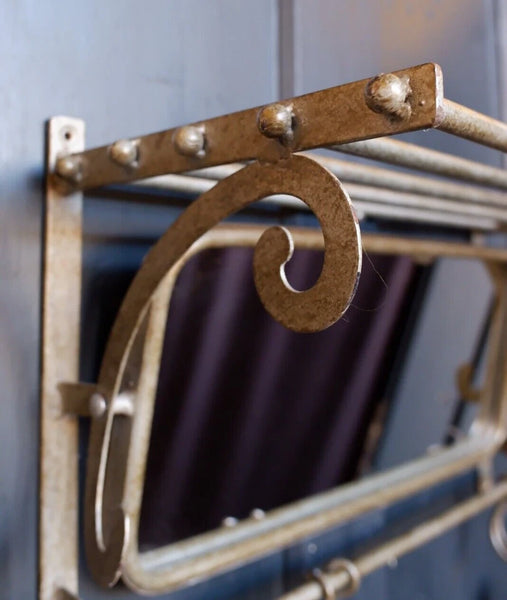 New Vintage Retro MIRROR Metal CARRIAGE Rustic Silver Industrial Shelf w/Hooks