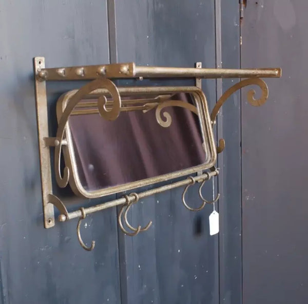 New Vintage Retro MIRROR Metal CARRIAGE Rustic Silver Industrial Shelf w/Hooks