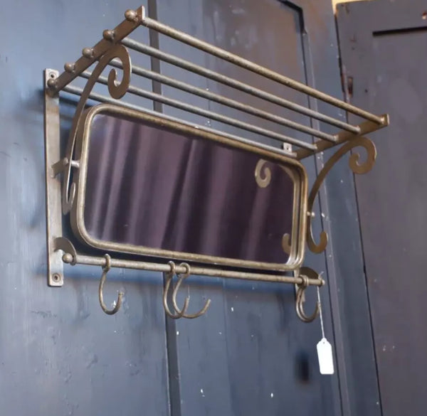 New Vintage Retro MIRROR Metal CARRIAGE Rustic Silver Industrial Shelf w/Hooks