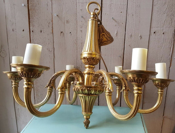 Antique Vintage FRENCH Gilt Gold BRASS 6 Arm Ornate Ceiling Light Chandelier Lighting