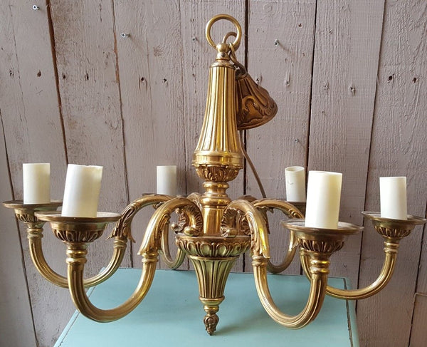 Antique Vintage FRENCH Gilt Gold BRASS 6 Arm Ornate Ceiling Light Chandelier Lighting