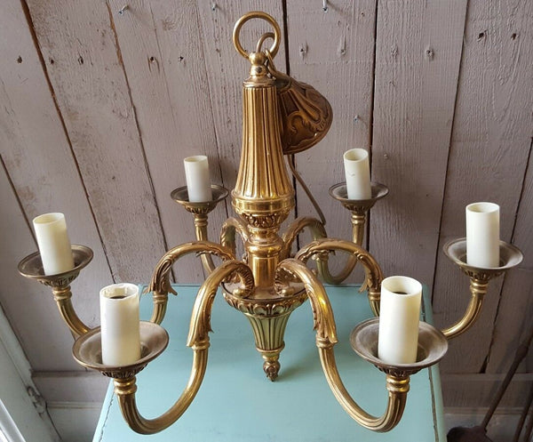 Antique Vintage FRENCH Gilt Gold BRASS 6 Arm Ornate Ceiling Light Chandelier Lighting