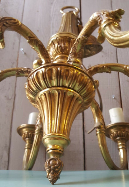 Antique Vintage FRENCH Gilt Gold BRASS 6 Arm Ornate Ceiling Light Chandelier Lighting