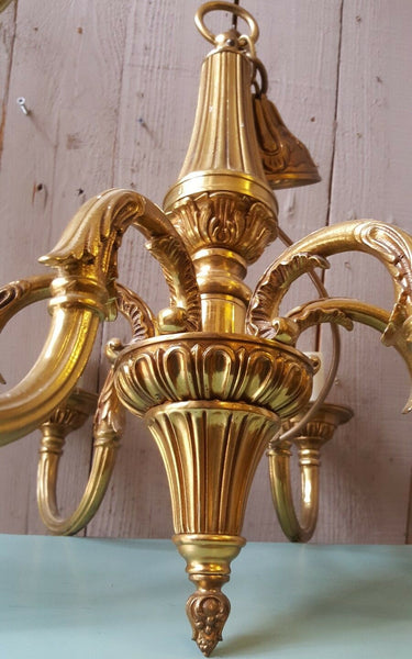 Antique Vintage FRENCH Gilt Gold BRASS 6 Arm Ornate Ceiling Light Chandelier Lighting