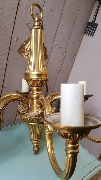 Antique Vintage FRENCH Gilt Gold BRASS 6 Arm Ornate Ceiling Light Chandelier Lighting