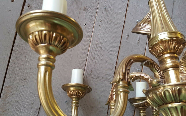Antique Vintage FRENCH Gilt Gold BRASS 6 Arm Ornate Ceiling Light Chandelier Lighting