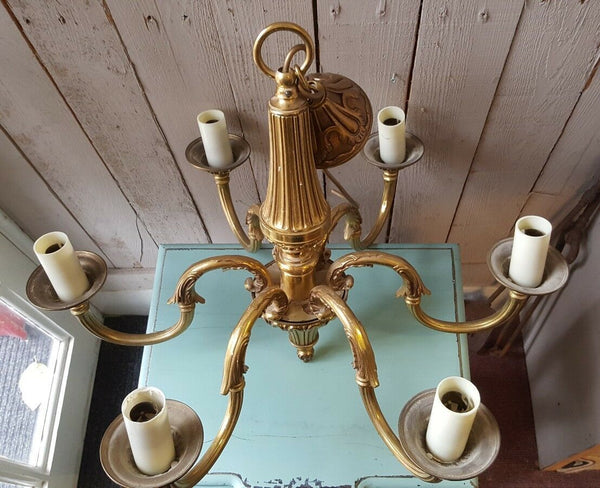 Antique Vintage FRENCH Gilt Gold BRASS 6 Arm Ornate Ceiling Light Chandelier Lighting