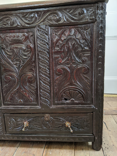 Antique OAK 17th Century Wooden Storage Carved Trunk MULE Chest COFFER with Drawers