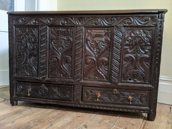 Antique OAK 17th Century Wooden Storage Carved Trunk MULE Chest COFFER with Drawers