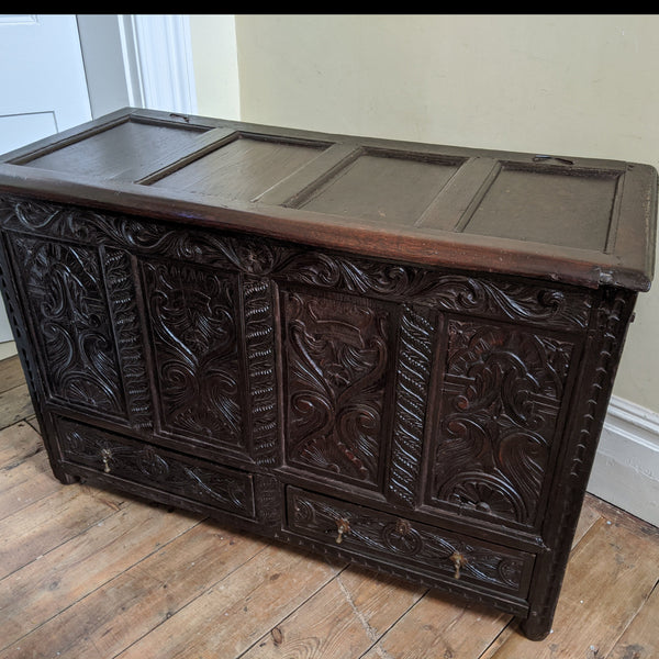 Antique OAK 17th Century Wooden Storage Carved Trunk MULE Chest COFFER with Drawers