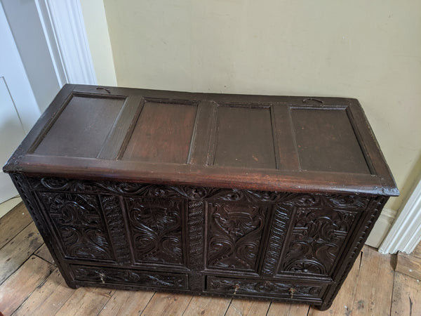 Antique OAK 17th Century Wooden Storage Carved Trunk MULE Chest COFFER with Drawers