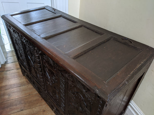 Antique OAK 17th Century Wooden Storage Carved Trunk MULE Chest COFFER with Drawers