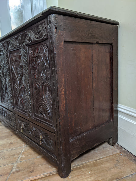Antique OAK 17th Century Wooden Storage Carved Trunk MULE Chest COFFER with Drawers