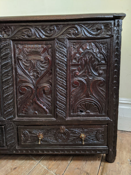 Antique OAK 17th Century Wooden Storage Carved Trunk MULE Chest COFFER with Drawers