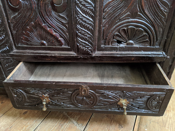 Antique OAK 17th Century Wooden Storage Carved Trunk MULE Chest COFFER with Drawers