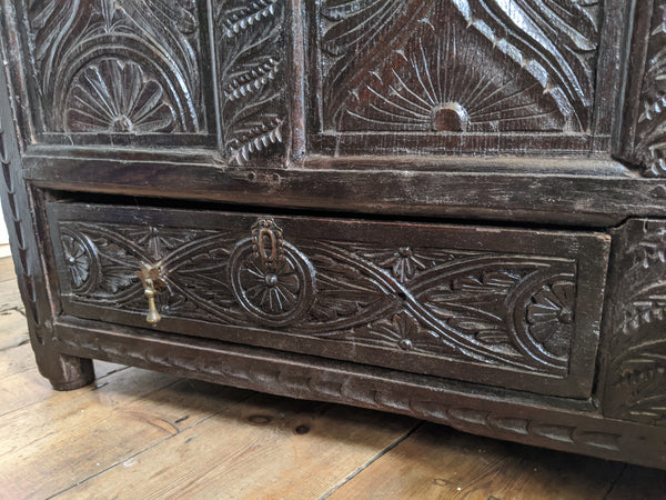 Antique OAK 17th Century Wooden Storage Carved Trunk MULE Chest COFFER with Drawers