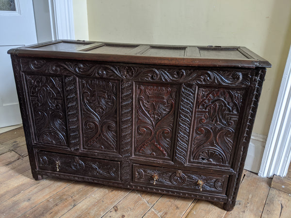 Antique OAK 17th Century Wooden Storage Carved Trunk MULE Chest COFFER with Drawers