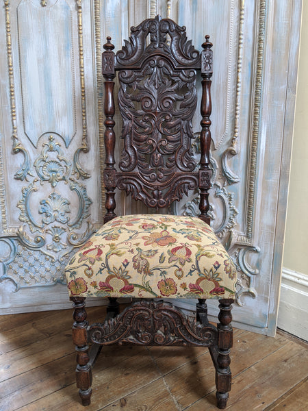 19th Century JACOBEAN Antique Vintage Oak Wood HIGH Carved Dining Side Chair