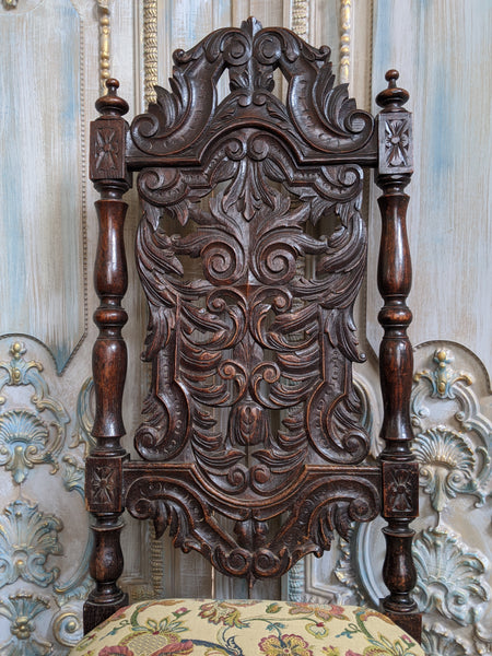 19th Century JACOBEAN Antique Vintage Oak Wood HIGH Carved Dining Side Chair