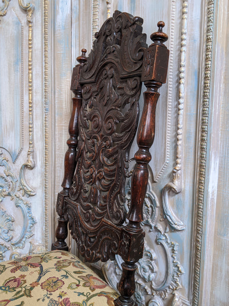 19th Century JACOBEAN Antique Vintage Oak Wood HIGH Carved Dining Side Chair