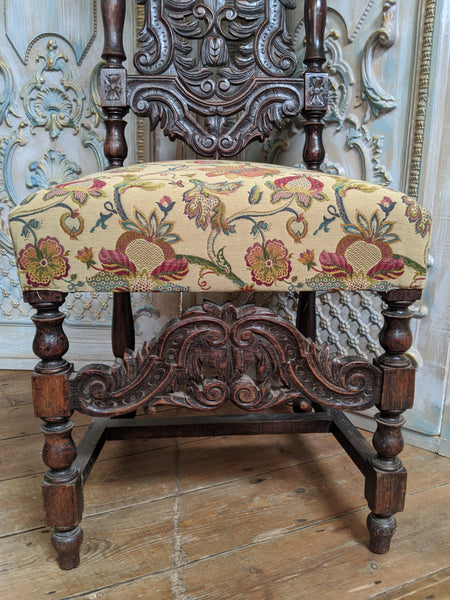 19th Century JACOBEAN Antique Vintage Oak Wood HIGH Carved Dining Side Chair