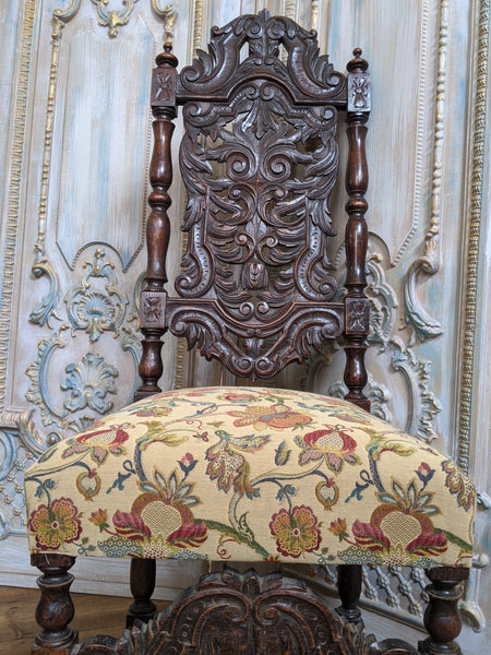 19th Century JACOBEAN Antique Vintage Oak Wood HIGH Carved Dining Side Chair