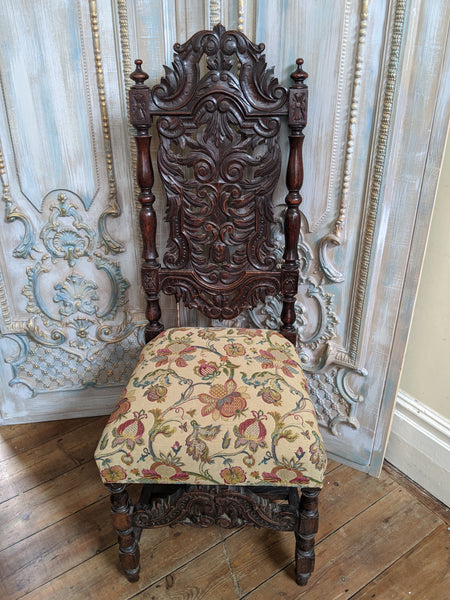 19th Century JACOBEAN Antique Vintage Oak Wood HIGH Carved Dining Side Chair