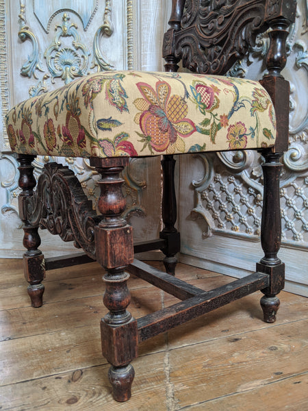 19th Century JACOBEAN Antique Vintage Oak Wood HIGH Carved Dining Side Chair