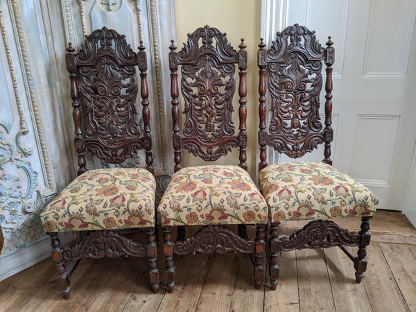 19th Century JACOBEAN Antique Vintage Oak Wood HIGH Carved Dining Side Chair