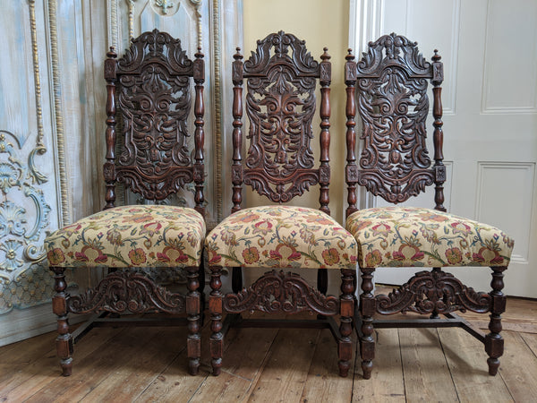 19th Century JACOBEAN Antique Vintage Oak Wood HIGH Carved Dining Side Chair