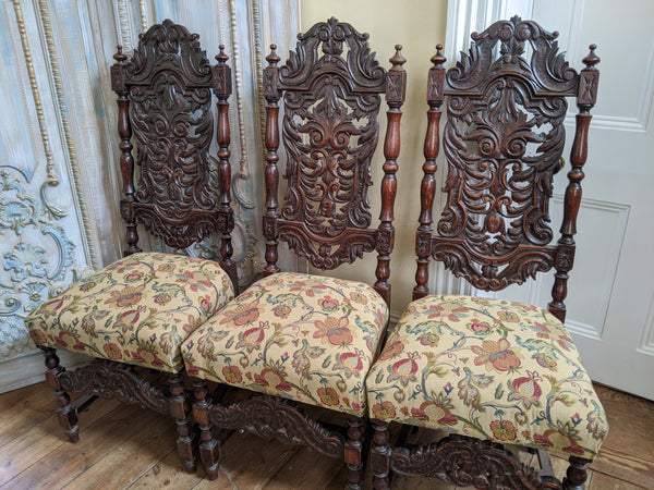 19th Century JACOBEAN Antique Vintage Oak Wood HIGH Carved Dining Side Chair