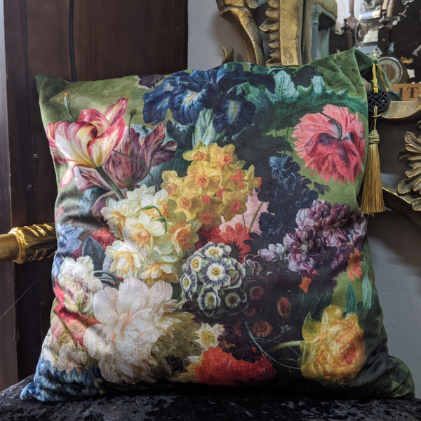 New 18" Square Black Printed FLORAL Design Shabby Chic Style VELVET Feather CUSHION & Cover