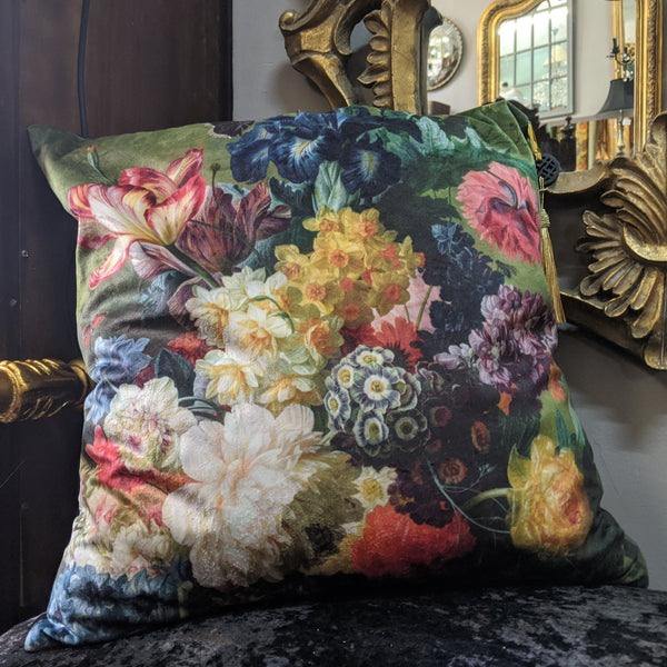 New 18" Square Black Printed FLORAL Design Shabby Chic Style VELVET Feather CUSHION & Cover