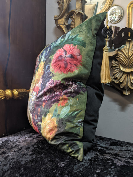 New 18" Square Black Printed FLORAL Design Shabby Chic Style VELVET Feather CUSHION & Cover