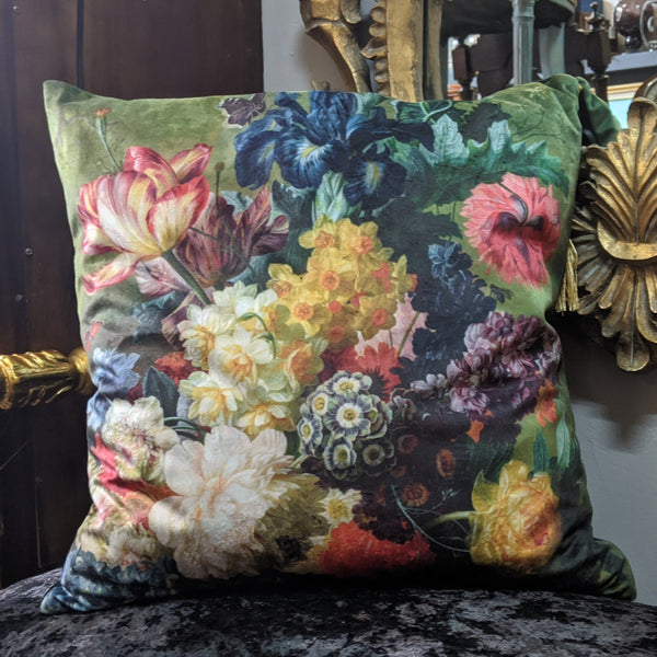 New 18" Square Black Printed FLORAL Design Shabby Chic Style VELVET Feather CUSHION & Cover