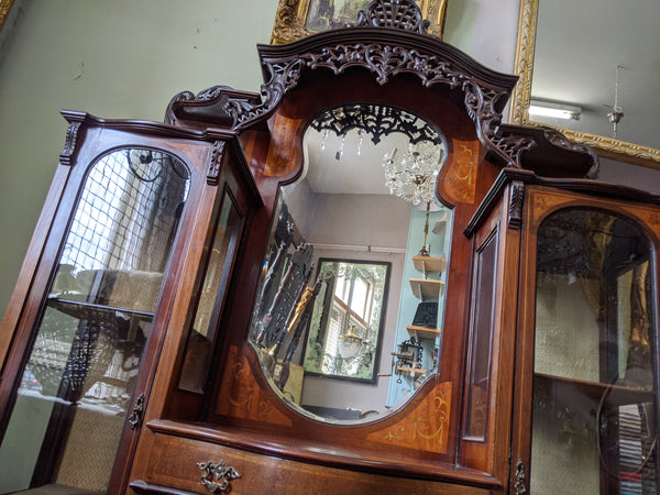 Antique INLAID Mahogany Chiffonier Dresser Sideboard Credenza Display Glass China Cabinet Cupboard