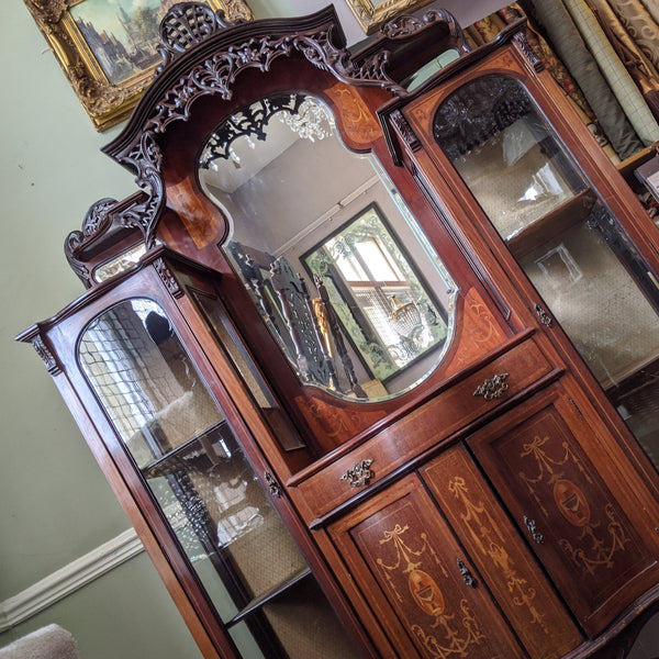 Antique INLAID Mahogany Chiffonier Dresser Sideboard Credenza Display Glass China Cabinet Cupboard