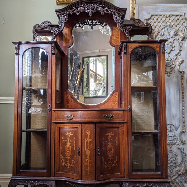 Antique INLAID Mahogany Chiffonier Dresser Sideboard Credenza Display Glass China Cabinet Cupboard