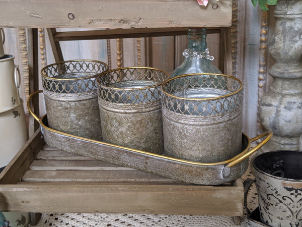 NEW French Grey Lattice Set of 3 Planter Metal Baskets Pots Buckets Bin Pail on Tray
