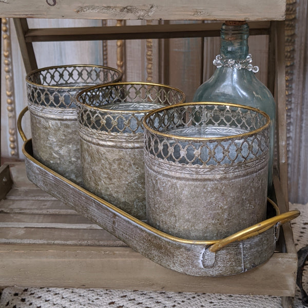NEW French Grey Lattice Set of 3 Planter Metal Baskets Pots Buckets Bin Pail on Tray