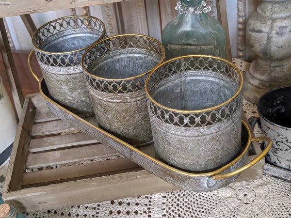 NEW French Grey Lattice Set of 3 Planter Metal Baskets Pots Buckets Bin Pail on Tray
