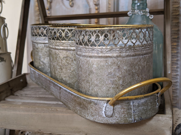 NEW French Grey Lattice Set of 3 Planter Metal Baskets Pots Buckets Bin Pail on Tray