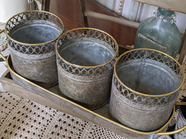 NEW French Grey Lattice Set of 3 Planter Metal Baskets Pots Buckets Bin Pail on Tray