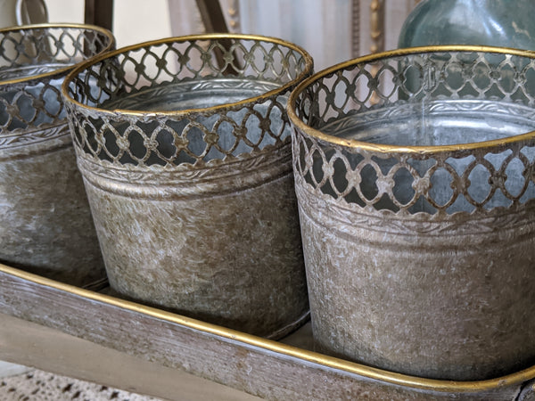 NEW French Grey Lattice Set of 3 Planter Metal Baskets Pots Buckets Bin Pail on Tray