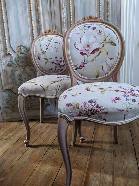 FRENCH LOUIS Shabby Chic Painted Dusky Pink Carved Floral LINEN Hall Boudoir Chair