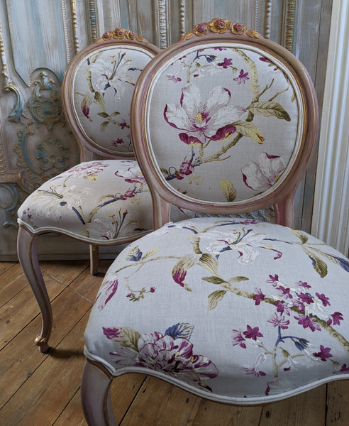 FRENCH LOUIS Shabby Chic Painted Dusky Pink Carved Floral LINEN Hall Boudoir Chair