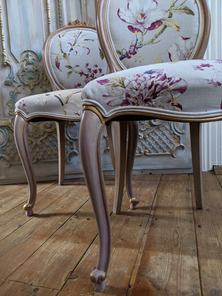 FRENCH LOUIS Shabby Chic Painted Dusky Pink Carved Floral LINEN Hall Boudoir Chair